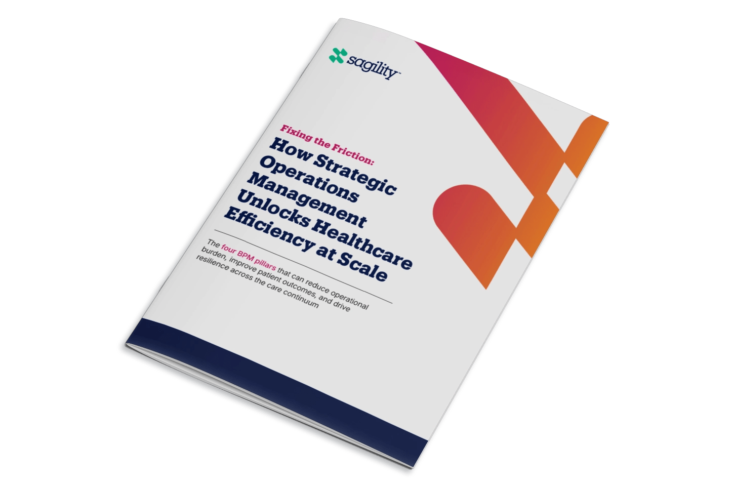 Angled booklet titled “How Strategic Operations Management Unlock Healthcare Efficiency at Scale” with colorful design.