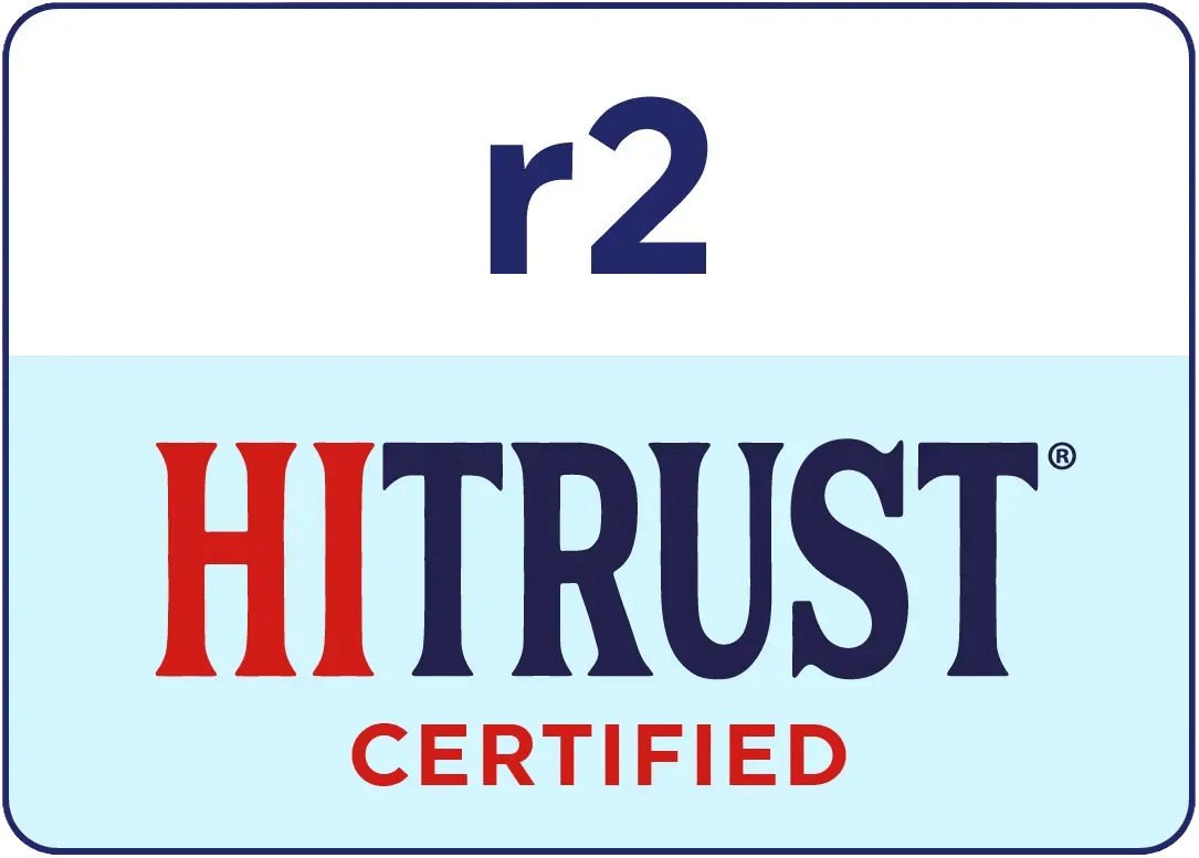 R2 HITRUST CERTIFIED logo highlights key technology accreditations, with blue R2 above HITRUST CERTIFIED on light blue.