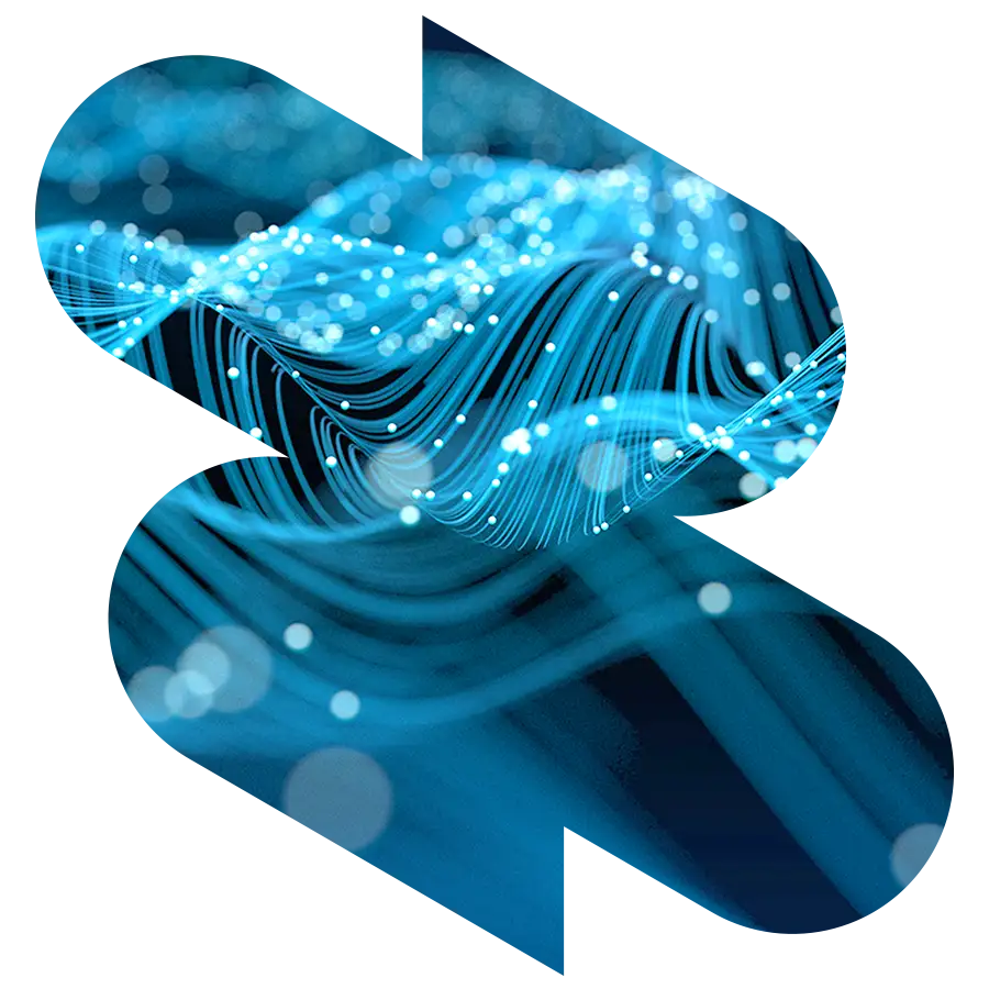 Abstract blue digital waves with glowing dots, overlaid by bold geometric shapes and hints of Artificial Intelligence.