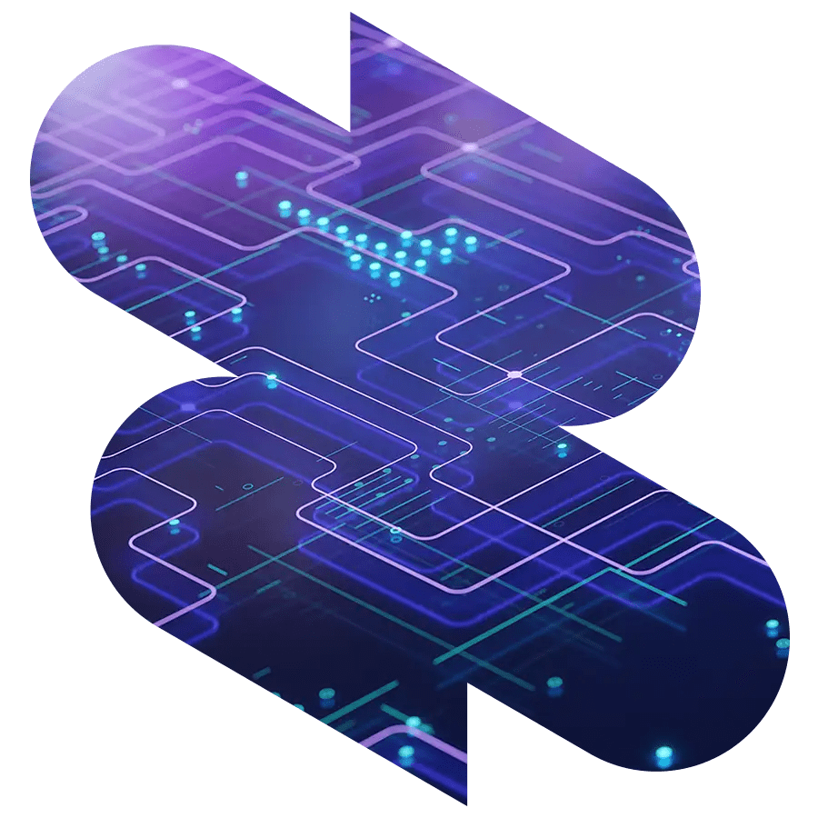 Abstract digital circuit pattern in blue and purple, shaped like an S—perfect for cloud analytics or Analytics-as-a-Service themes.