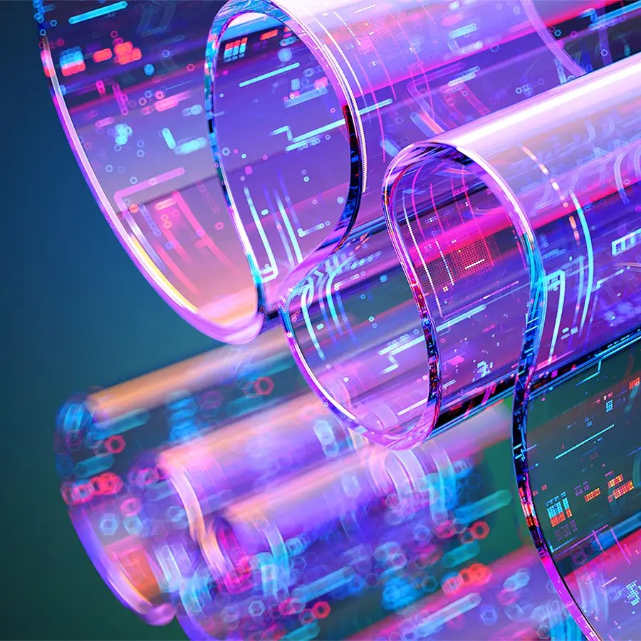 Transparent digital scrolls with glowing neon circuits and artificial intelligence data patterns on a blurred blue-green background.