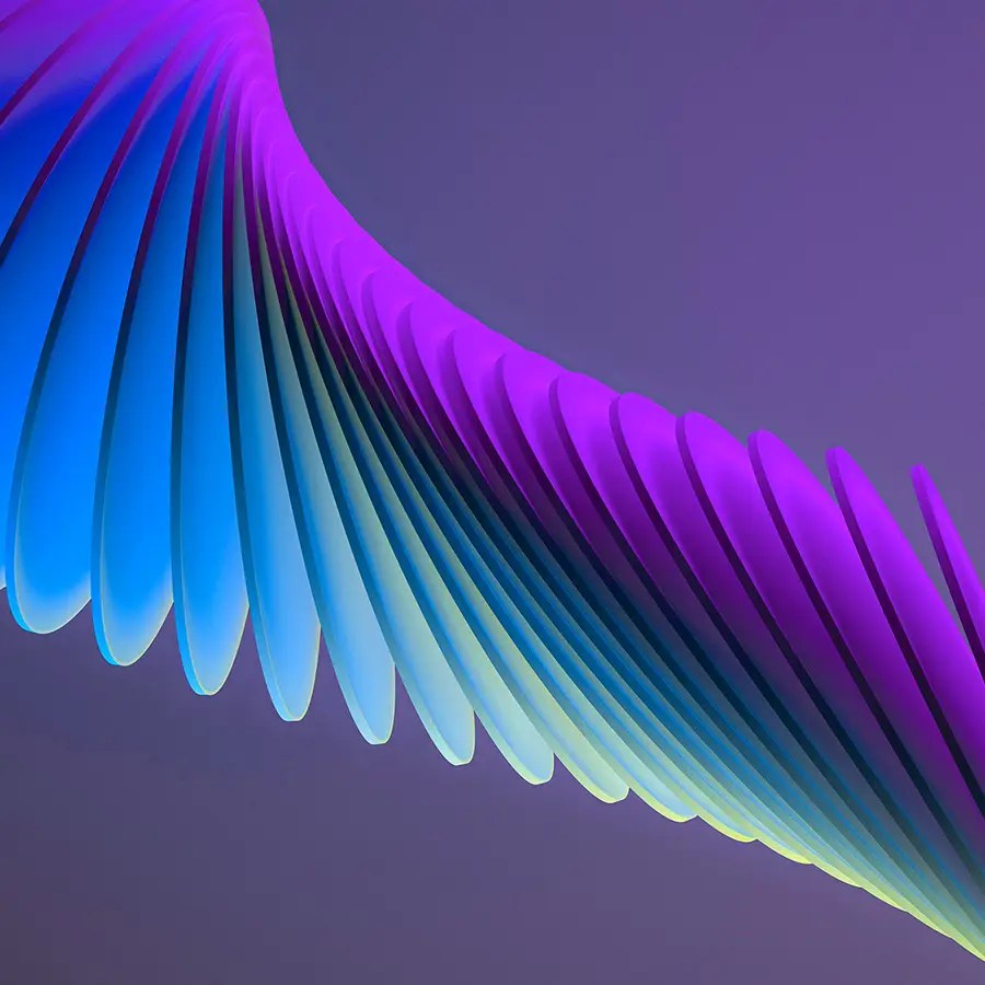 Abstract 3D spiral of blue and purple blades, symbolizing the flow of Digital Mailroom services, on a gradient purple background.