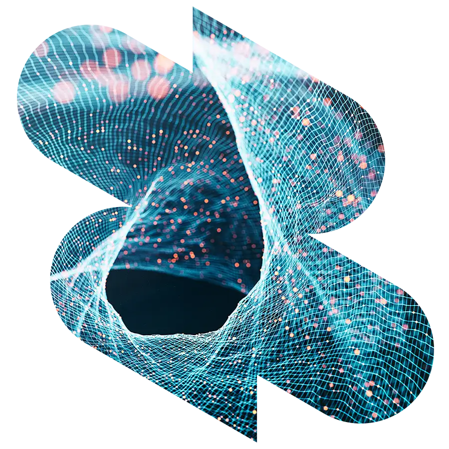 Abstract digital mesh with glowing particles forms a stylized letter R, evoking the feel of modern digital platforms.