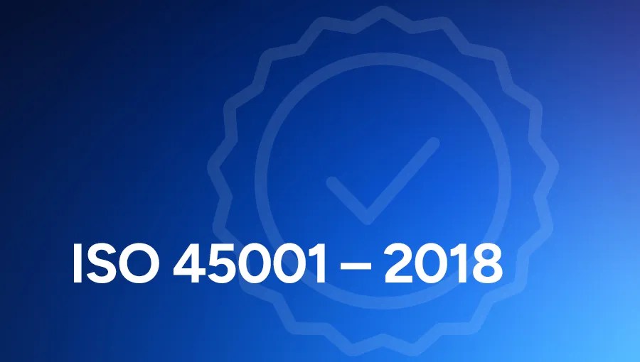 White text ISO 45001 – 2018 on a blue gradient with a faint ISO Certifications checkmark badge outline.