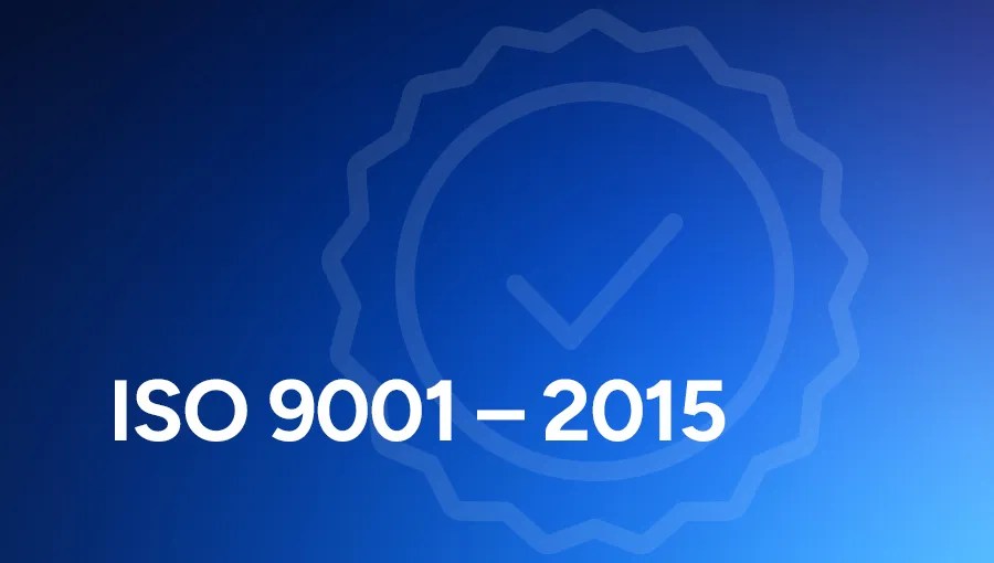 Text ISO 9001–2015 on a blue background with a faint checkmark and ISO Certifications badge outline behind it.