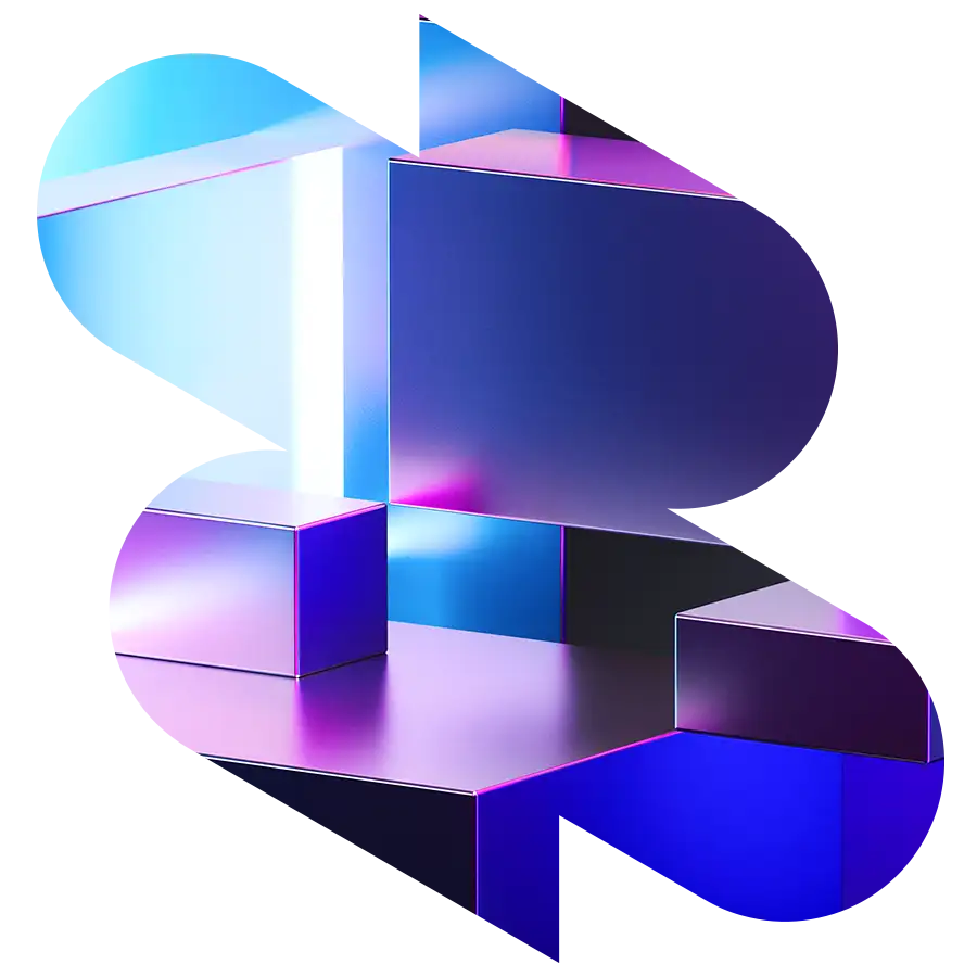 Abstract geometric shapes with reflective surfaces represent payer clinical services in blue, purple, and pink overlapping light.