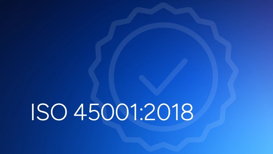 Blue background with a faded checkmark badge and the text ISO 45001:2018 in white in the foreground.