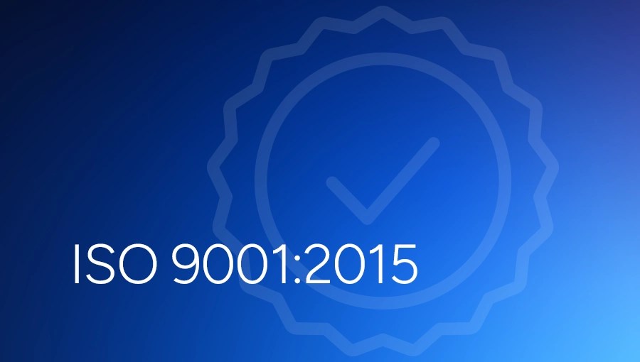 White text ISO 9001:2015 on a blue gradient background with a faint checkmark and badge outline behind it.