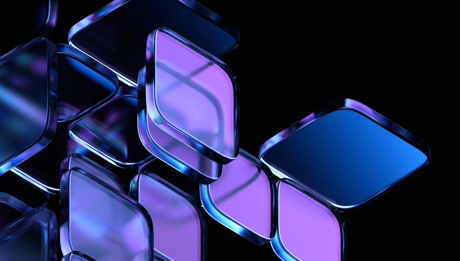 3D glass-like purple and blue geometric shapes overlap on a black background, reflecting light.