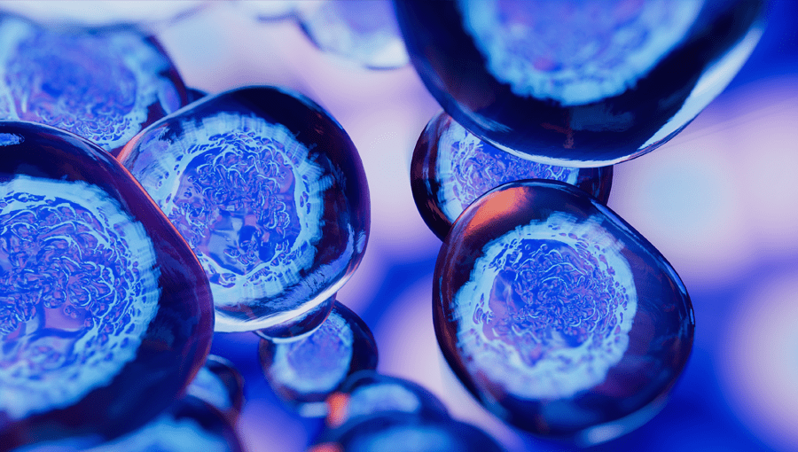 Close-up of blue biological cells with detailed nuclei, reflecting the impact of Social Determinants of Health.