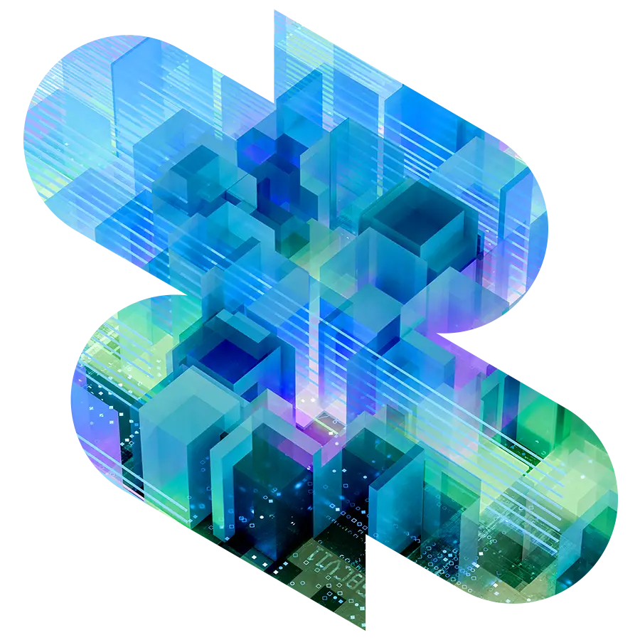 Abstract cityscape with blue and green geometric buildings forms an S shape, inspired by Integrated Partner Operations.