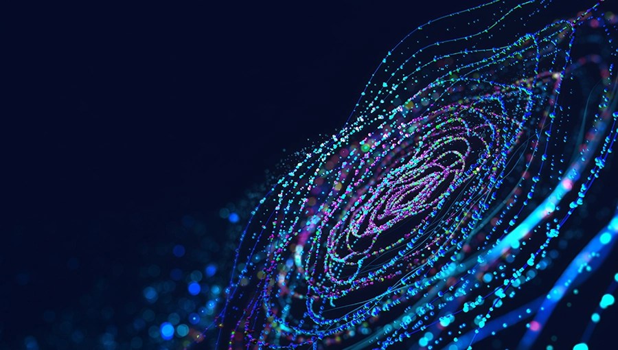 Abstract swirl of colorful, glowing dots and lines evoke AI-led connected operations on a dark blue digital vortex background.