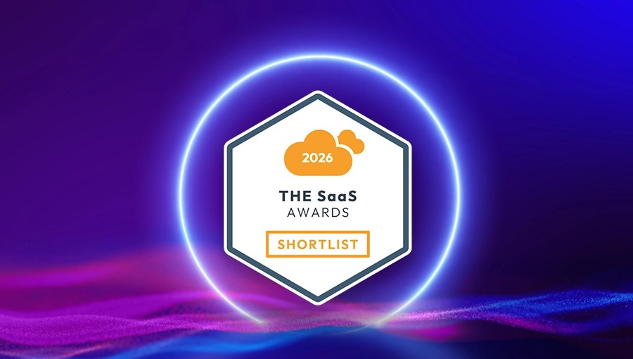 Hexagonal badge with Nurse Assist SaaS Shortlist 2026 THE on a glowing purple and blue abstract background.