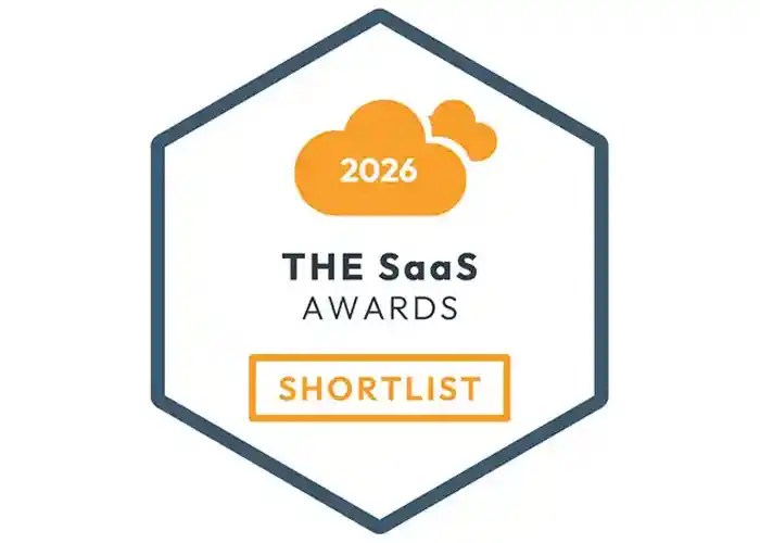 Hexagonal badge with orange cloud, Awards Recognition, 2026 THE SaaS AWARDS, and SHORTLIST in an orange rectangle at the bottom.