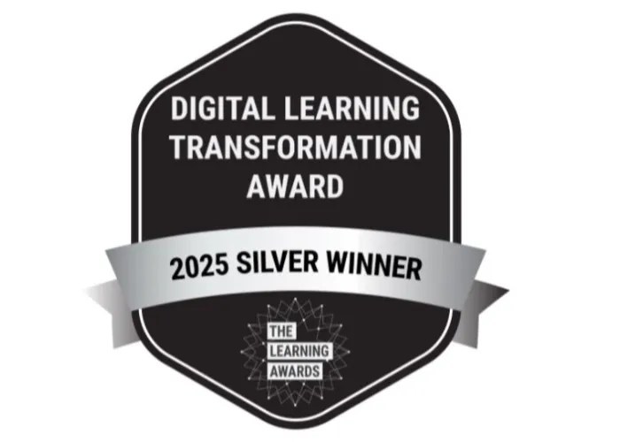 A black badge reads Digital Learning Transformation Award 2025 Silver Winner, highlighting recognition from The Learning Awards.