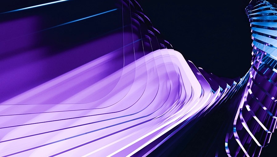 Abstract image with curved, layered purple and blue lines evokes the energy of Agentic AI automates claims in real time.