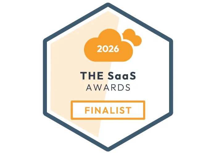 Hexagonal badge with orange clouds for 2026, THE SaaS AWARDS, FINALIST—symbolizing top-tier recognition.