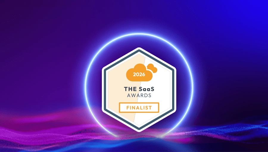 Hexagonal SmarTec Nurse Assist Finalist 2026 THE SaaS Awards badge with clouds on a glowing blue-purple digital background.