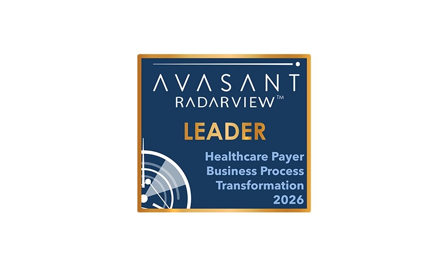 Avasant Payer BPT Leader RadarView badge for Healthcare Business Process Transformation 2026, blue and gold design.