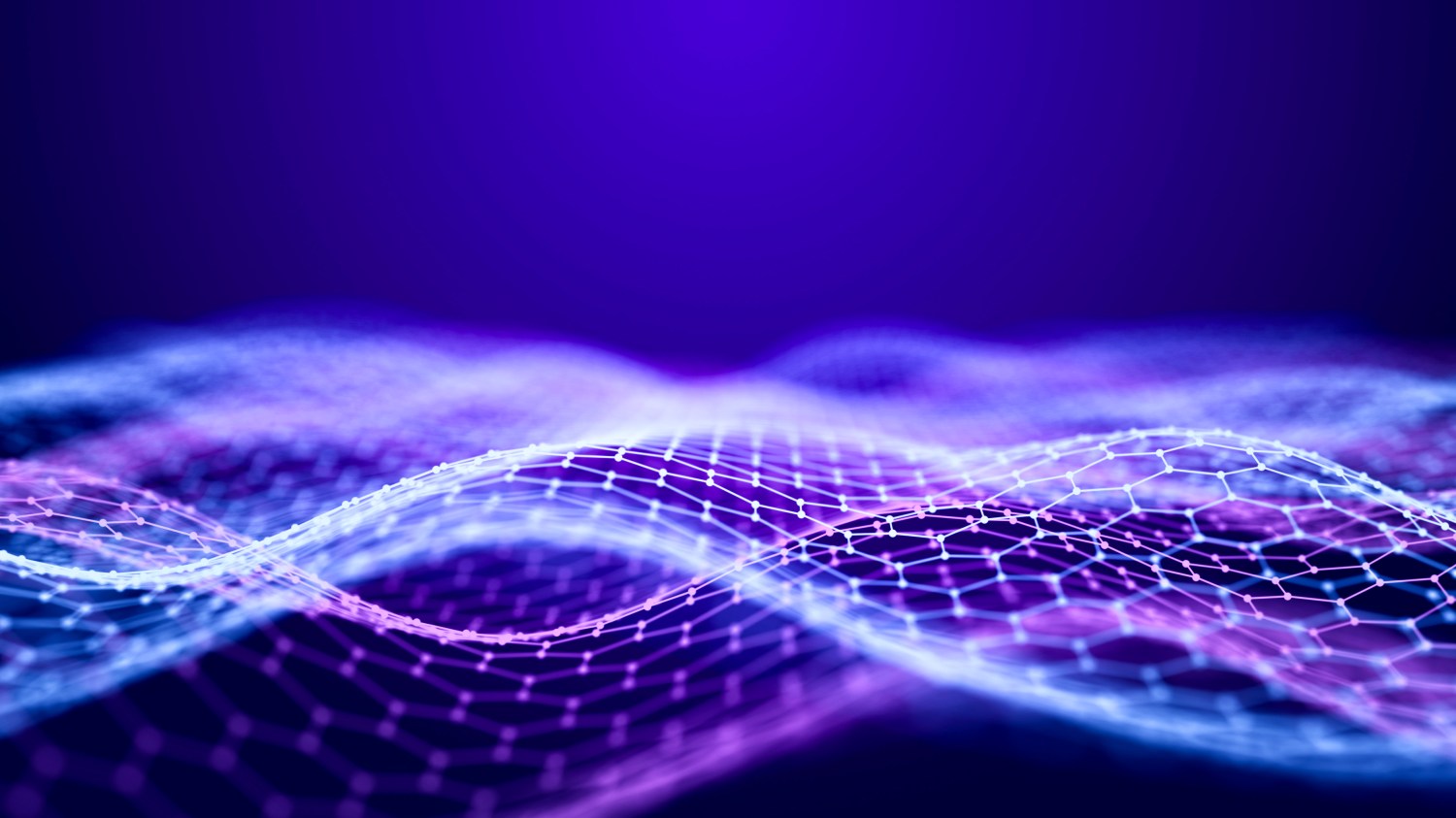 A glowing digital mesh wave pattern on a purple background with blue and pink lights, resembling abstract technology.