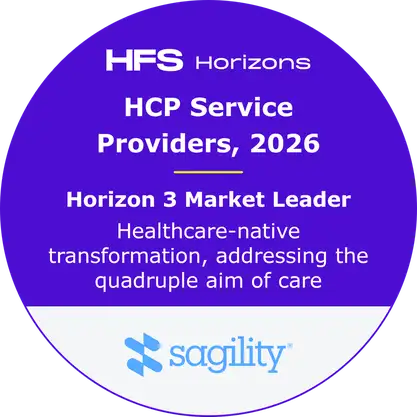 HFS Horizons 2026 Horizon 3 Market Leader badge recognizing Sagility for healthcare-native HCP service provider transformation.