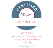 NCQA Certified HEDIS Measures 2026 badge for Stars Performance and adjustment measure certification, CareSeed LLC.