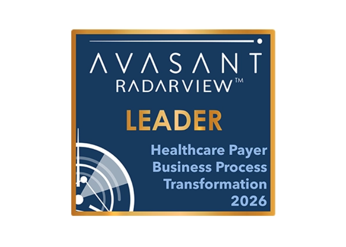 Avasant RadarView Leader badge for Healthcare Payer Business Process Transformation 2026, a mark of top-tier Recognition.