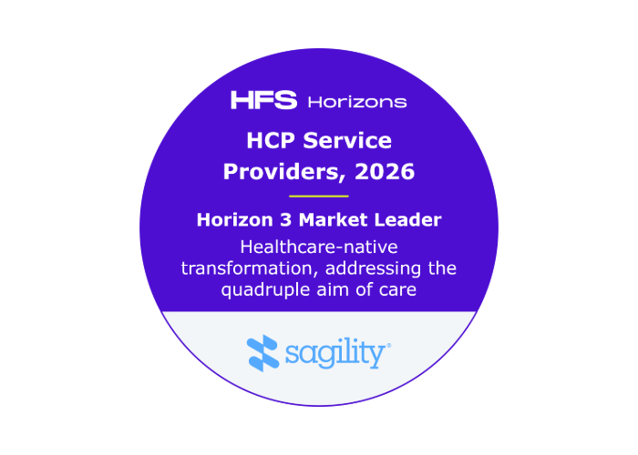 A purple badge recognizes HCP Service Providers, 2026 Horizon 3 Market Leader, with the Sagility logo at the bottom.