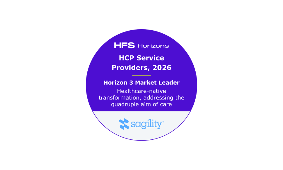 Purple badge: HCP Service Providers, 2026, Horizon 3 Market Leader by HFS Research, Sagility logo, white background.