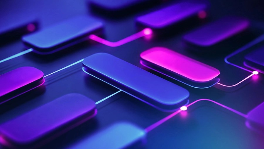 Glowing rectangles linked by neon lines form a futuristic digital pattern, visually echoing Quality Measurement in action.