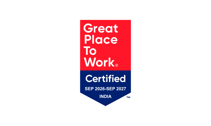 A red and blue badge reads Great Place To Work Certified SEP 2026-SEP 2027 INDIA on a white background.