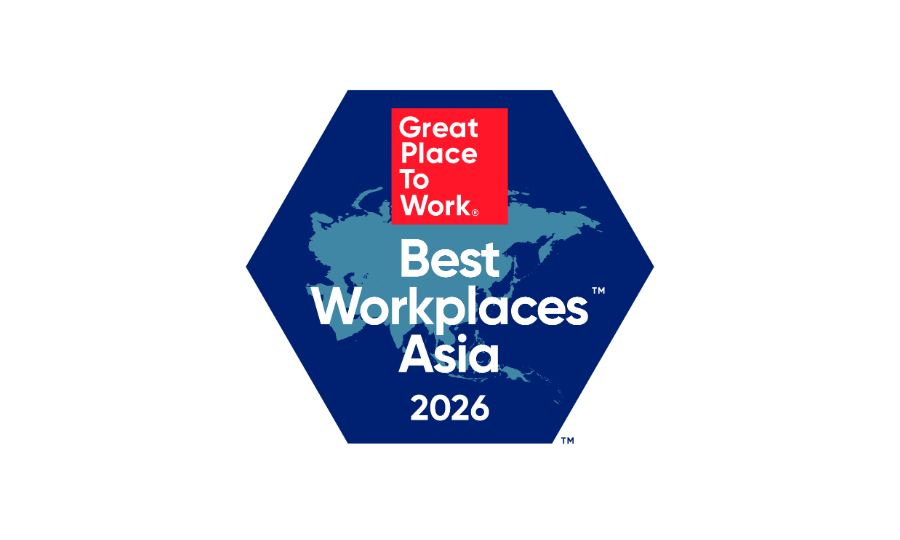 Hexagon logo with Sagility India, Top 60 Workplaces above Best Workplaces Asia 2026 on a blue map background.