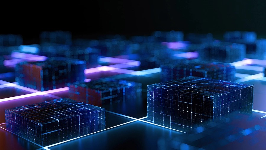 Glowing blue and purple digital cubes sit on a dark grid. Thin light lines connect the blocks against a black background.