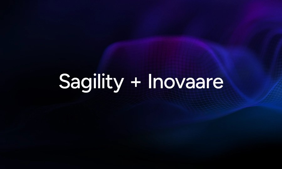 The Sagility + Inovaare logo sits over glowing blue and purple waves, representing expertise in Medicare Advantage appeals.
